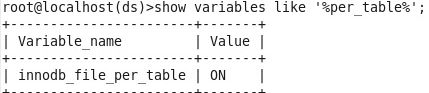 计算机生成了可选文字: root@10Calh0St(ds)>Showvariableslike'%per_table%';
+-~~~~~~~~~~~~~~~~~~~~-~+~~~~~～一＋
1Variable_name1Value!
＋··～---－····～~～一·～~~~～二＋·～~～…＋
innodb_file_per_table!ON