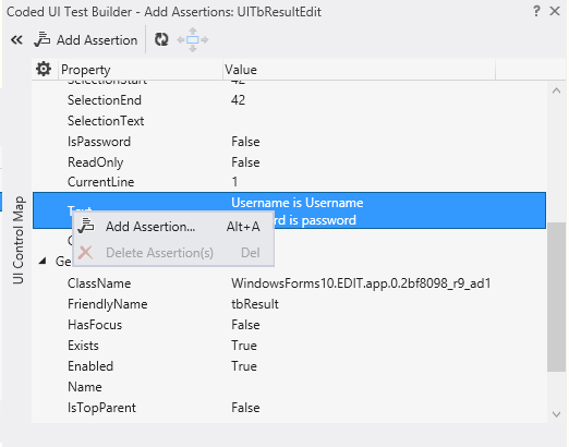 Right Client on Text Property to add assertion