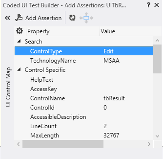 Figue10 To generate assertions for your UI controls, click the crosshairs icon and drag it to the control that you want to verify is correct.