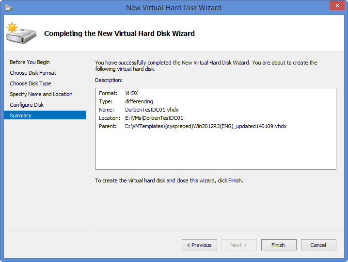 Completing the New Virtual Hard Disk Wizard