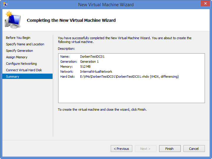 Completing the New Virtual Machine Wizard