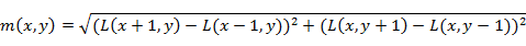 m(x,y)=√(〖(L(x+1,y)-L(x-1,y))〗^2+〖(L(x,y+1)-L(x,y-1))〗^2 )