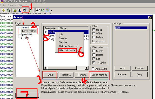 Filezilla FTP Server 设置帐号主目录文件夹的方法和多个帐号共享一个文件夹的方法第1张