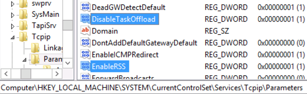 注册表DisableTaskOffload与EnableRSS