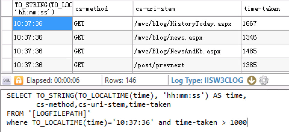 查询10:37:36日志中time-taken超过1秒的请求